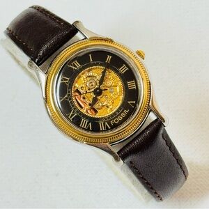 Vintage Fossil Skeleton Dial Women's Watch Two Tone Gold Brown Leather SK-5121